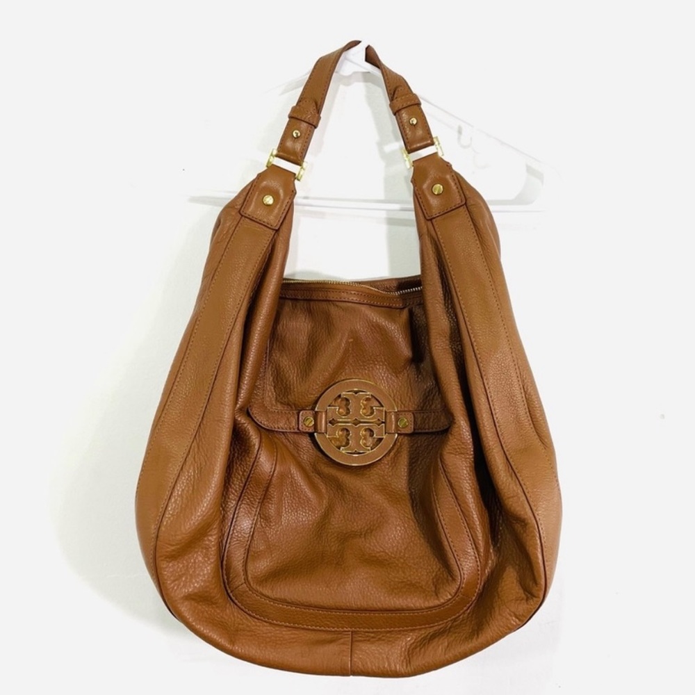 Tory Burch Amanda Brown Pebbled Leather Gold Hardware Hobo Shoulder Bag